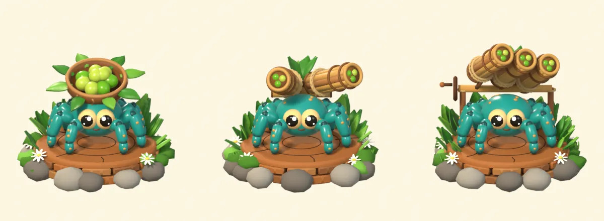The Seed Spitter tower from Spider Defense at three upgrade levels